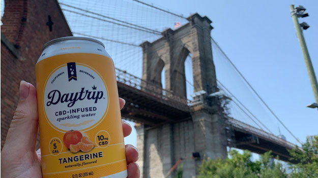 A can of daytrip cbd sparkling water held up by hand in front of the brooklyn bridge