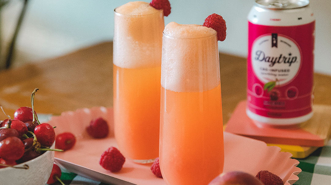 vibrant cocktail photo of the bellini beach featuring Daytrip CBD Infused Sparkling Water