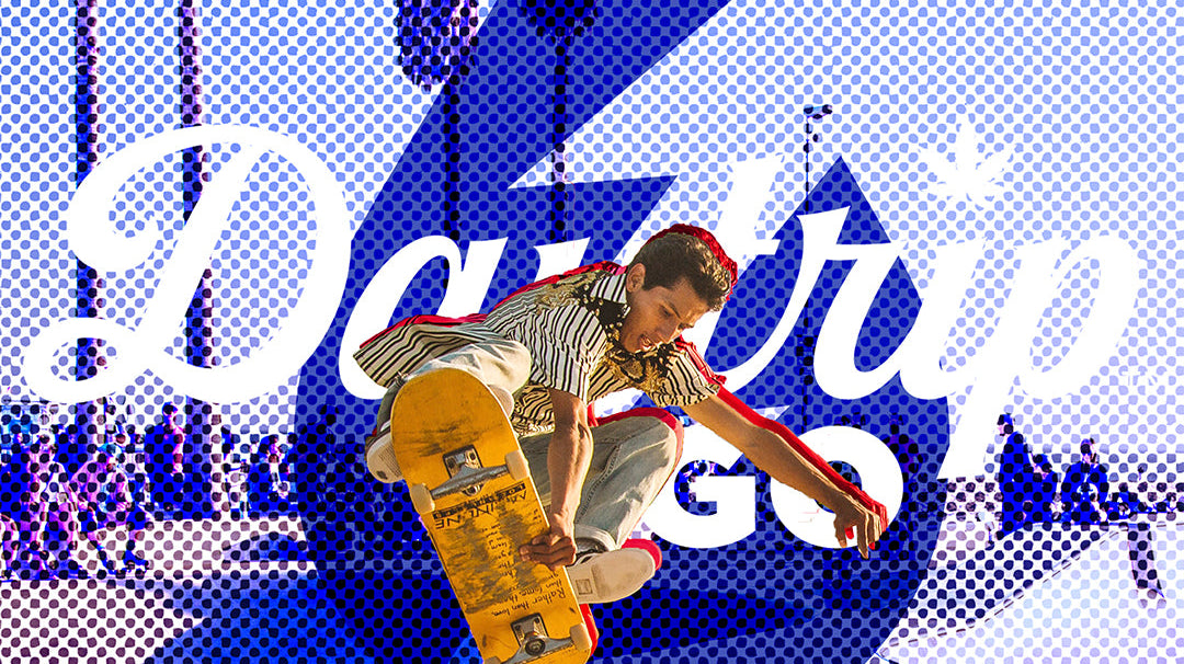 Daytrip Go graphically enhanced image with the daytrip logo and tonal graphic elements behind a skateboarder