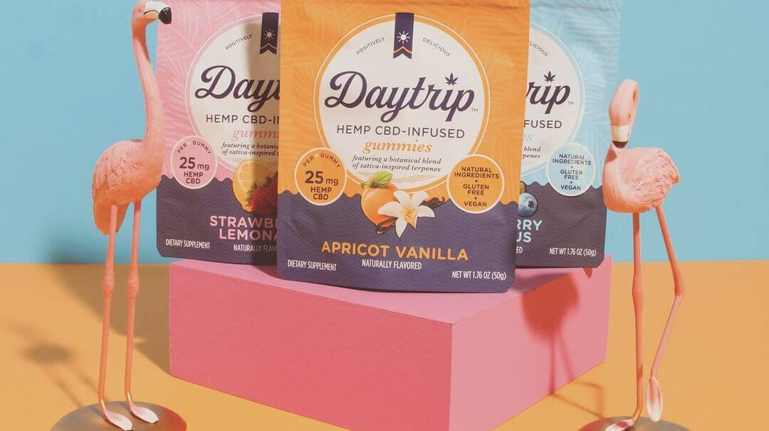 Playful colorful collection of Daytrip CBD infused gummies and toy flamingos on an orange and blue background