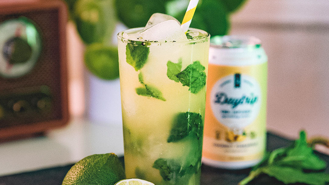 Delicious looking cocktail photo of the malibu mojito featuring Daytrip CBD Infused sparkling water