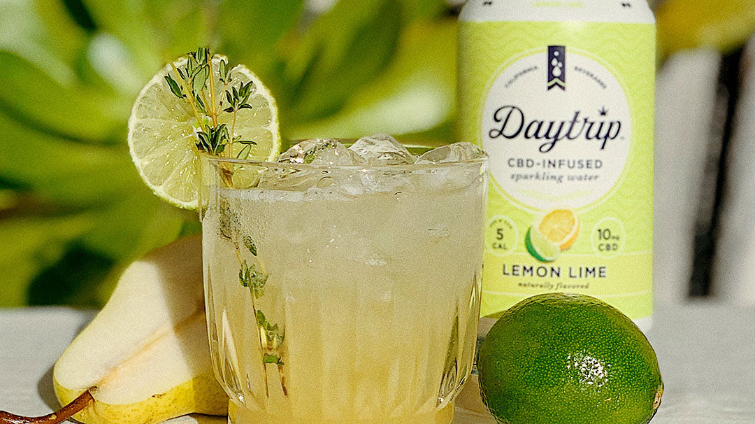 vibrant cocktail photo of the san francisco spritzer featuring Daytrip CBD Infused Sparkling Water