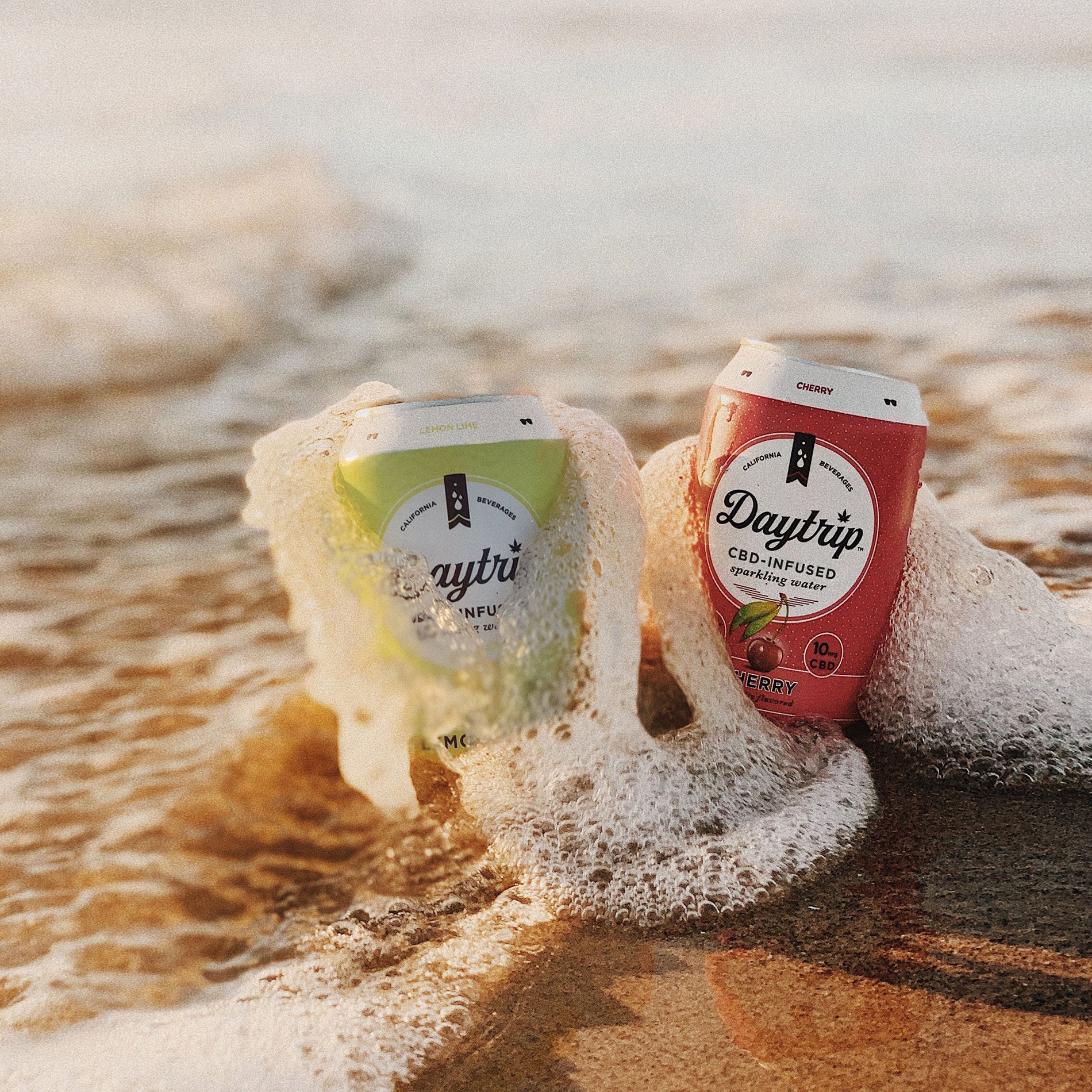 Daytrip CBD Infused Sparkling Waters with 25 mg of clean CBD and botanical terpenes. Picture of two cans at the beach.