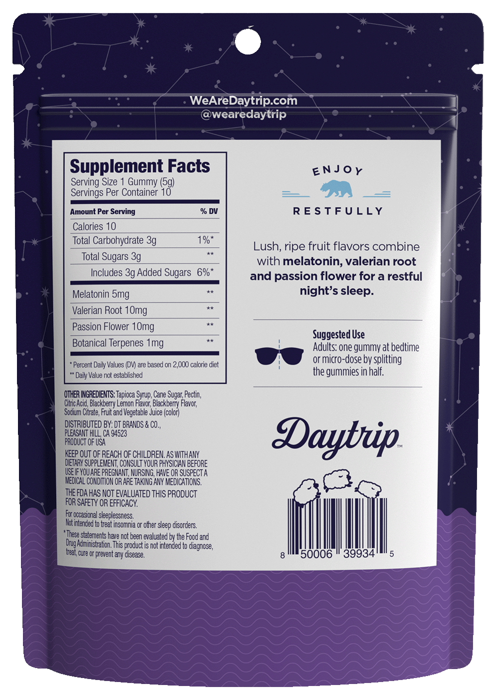 Rear view bag render of Night Trip sleep enhancing gummies on a white background.