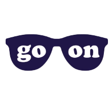 A navy blue icon on a white background prompting users to join the Daytrip affiliate program: sunglasses, with one eye labeled "go" and the other eye labeled "on"
