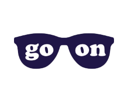 A navy blue icon on a white background prompting users to join the Daytrip affiliate program: sunglasses, with one eye labeled "go" and the other eye labeled "on"