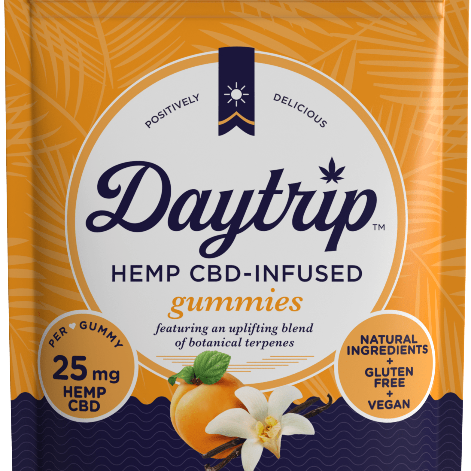 Package front render of Daytrip apricot vanilla CBD-infused gummies.