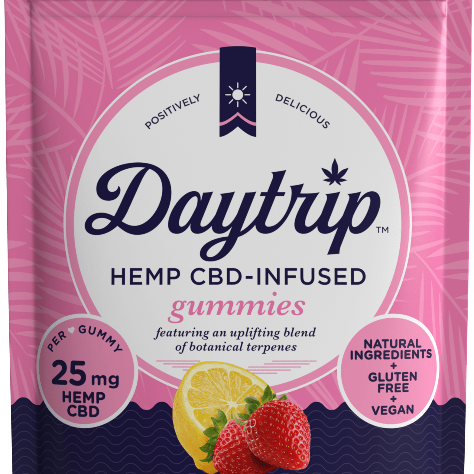 Packaging front render of Daytrip strawberry lemonade CBD-infused gummies