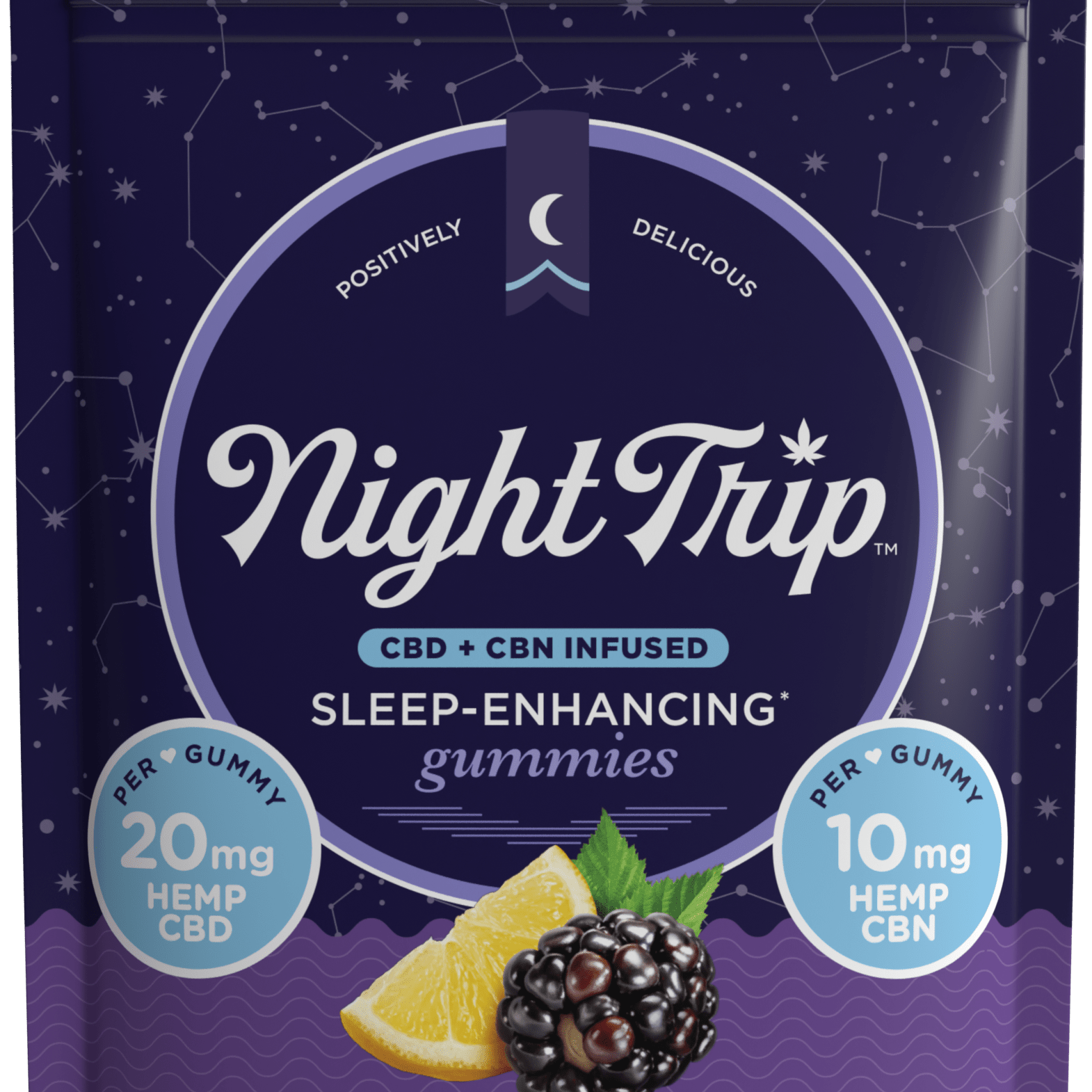 Packaging front render of Night Trip Blackberry lemon CBD + CBN-infused sleep enhancing gummies.