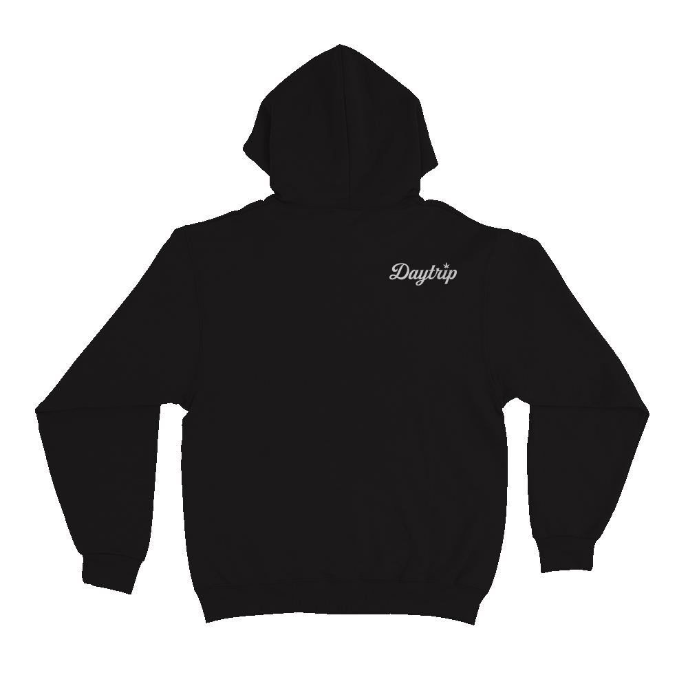 Daytrip Black Pullover Hoodie Back Image with Repeat Logo front and happier is healthier on sleeve. 80% cotton. Screenprinted.