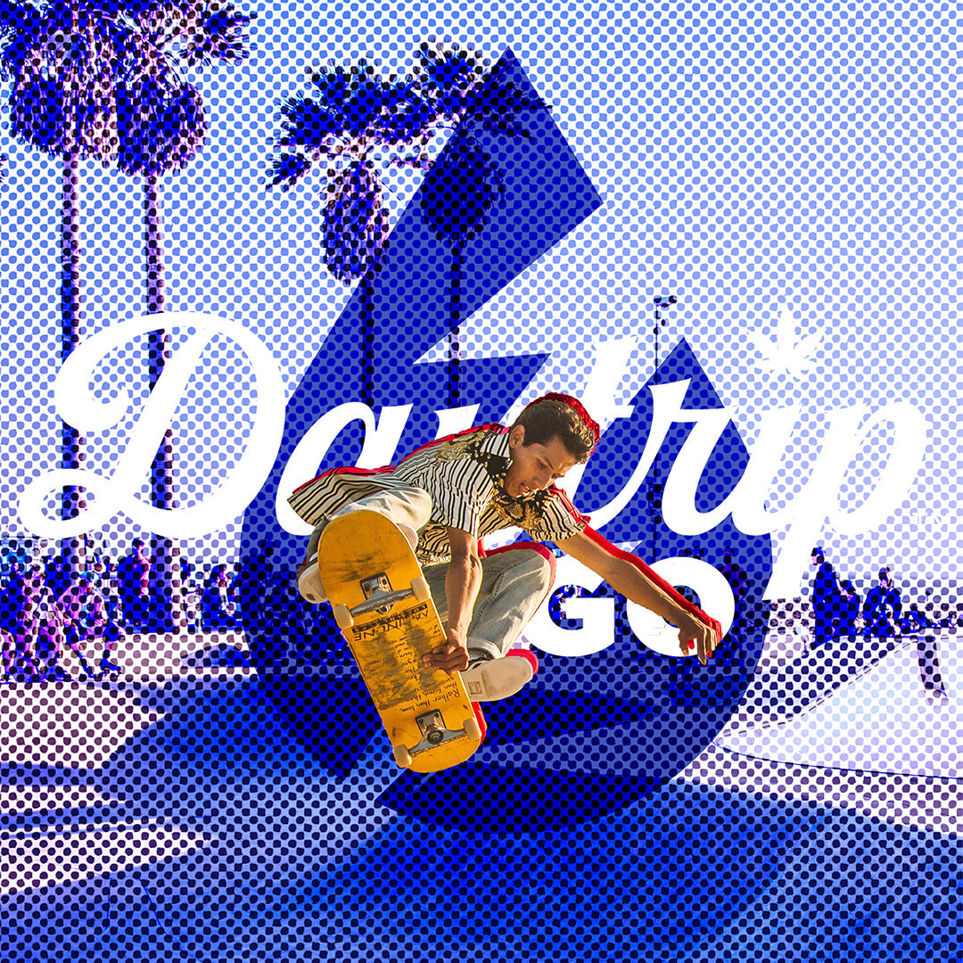 Daytrip Go graphically enhanced image with the daytrip logo and tonal graphic elements behind a skateboarder