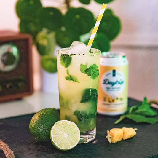 Delicious looking cocktail photo of the malibu mojito featuring Daytrip CBD Infused sparkling water