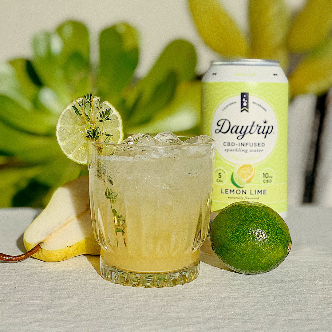 vibrant cocktail photo of the san francisco spritzer featuring Daytrip CBD Infused Sparkling Water