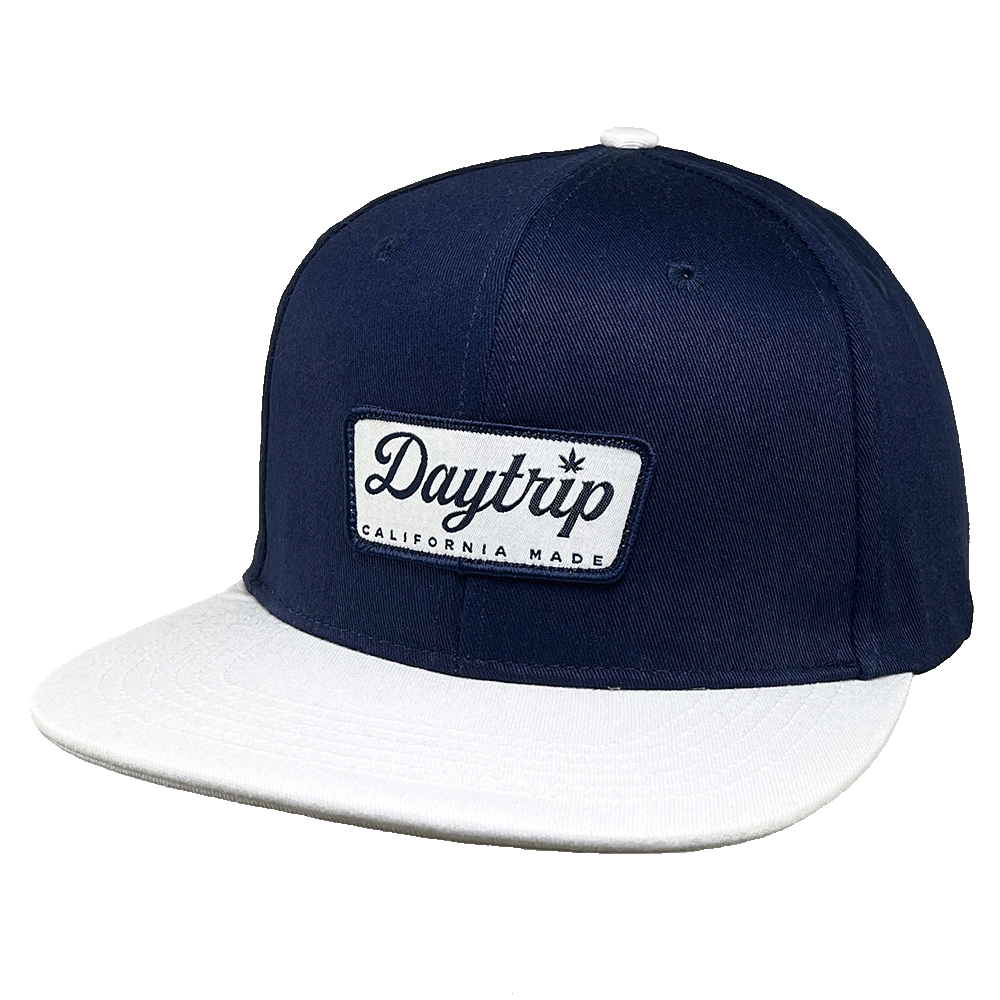 Daytrip California Made Snapback Cap in Navy and White with Woven Patch