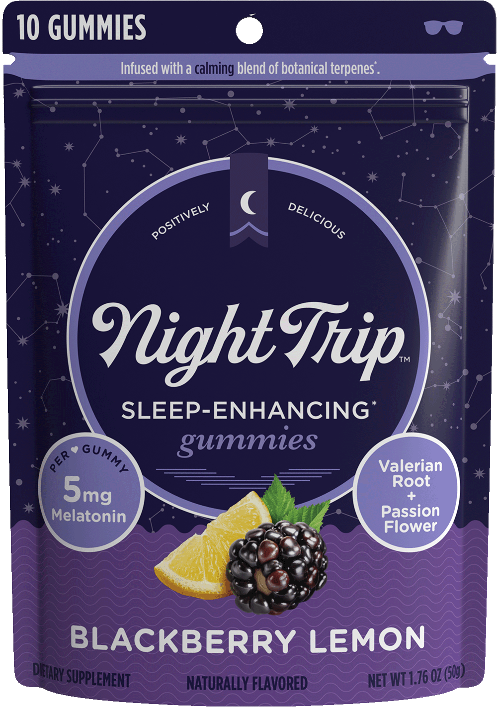 Night Trip Sleep-Enhancing gummies with melatonin and valerian root package shot on white background