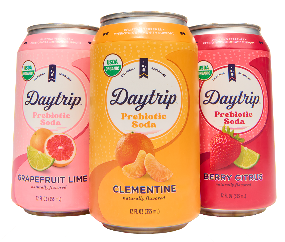 Front view renders featuring the full lineup of all three flavors of Daytrip prebiotic soda
