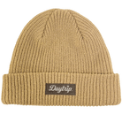 Front view of tan Daytrip beanie. Front of the beanie has a leather-like rectangular patch with a tan Daytrip script logo inside
