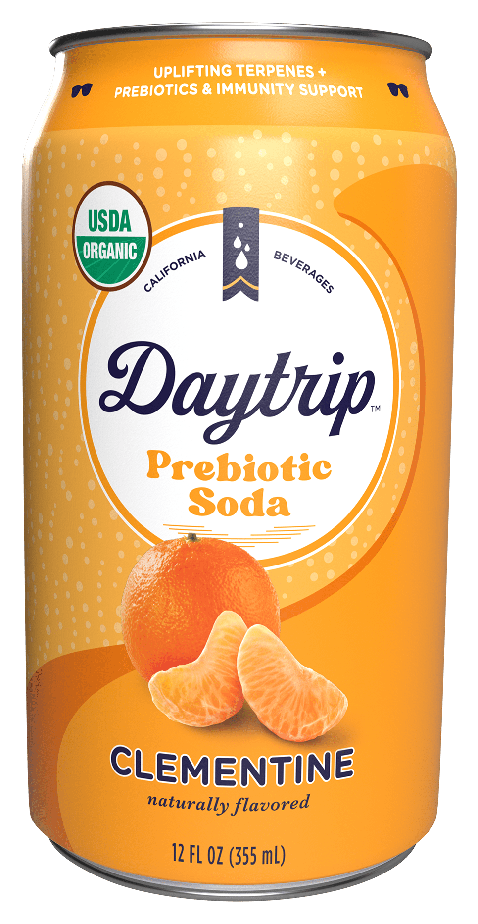  Front can render of Daytrip clementine prebiotic soda.