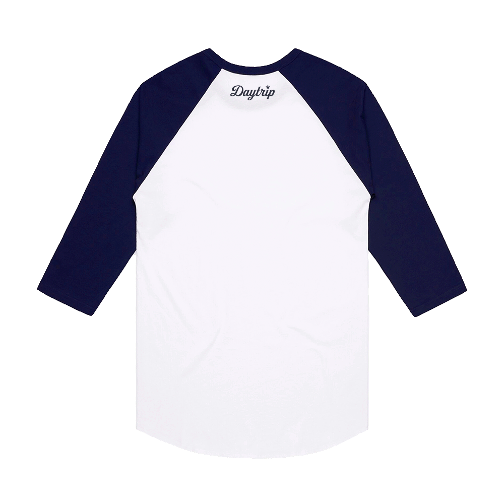 Daytrip Cannabis Club Raglan Baseball Tee in white and navy