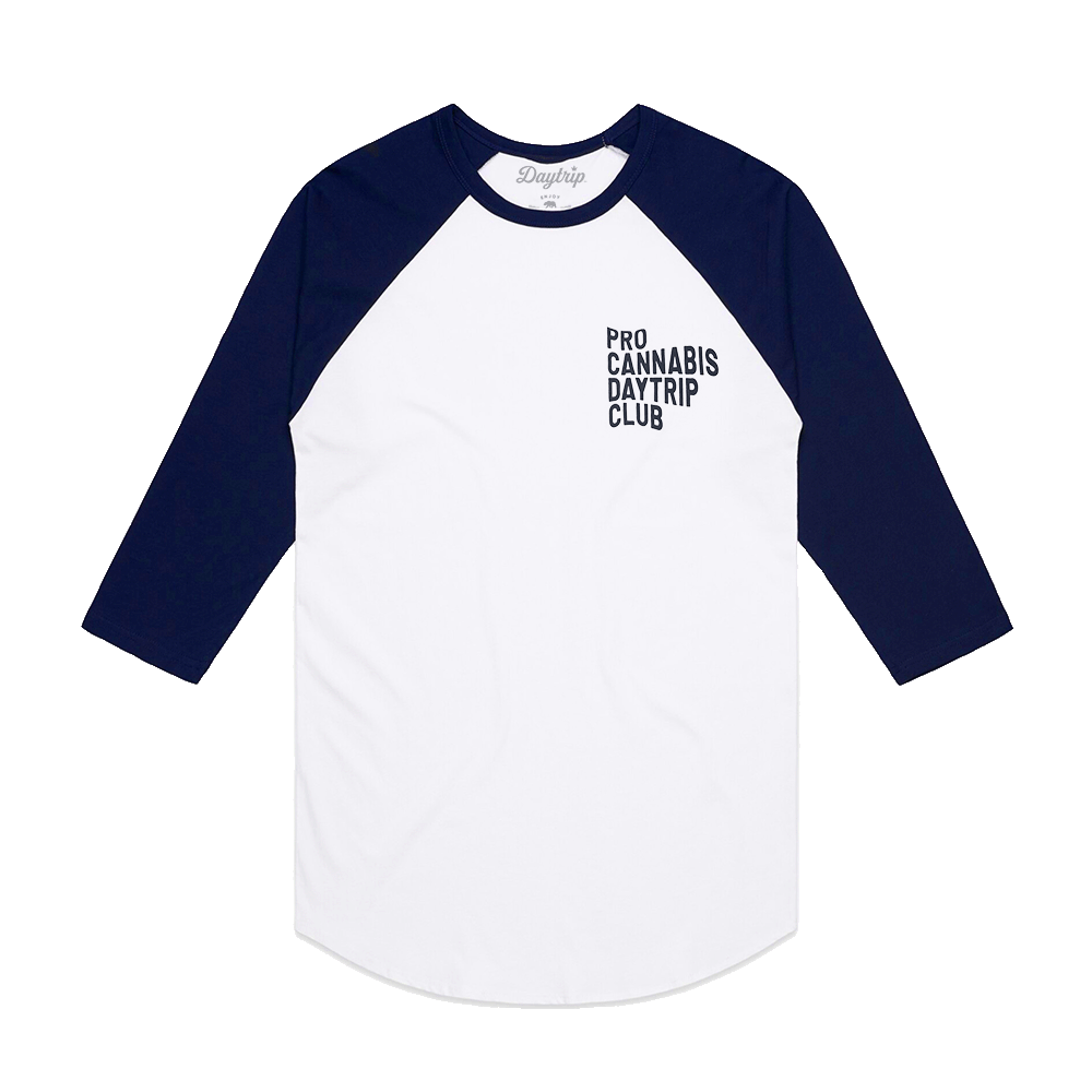 Daytrip Cannabis Club Raglan Baseball Tee in white and navy