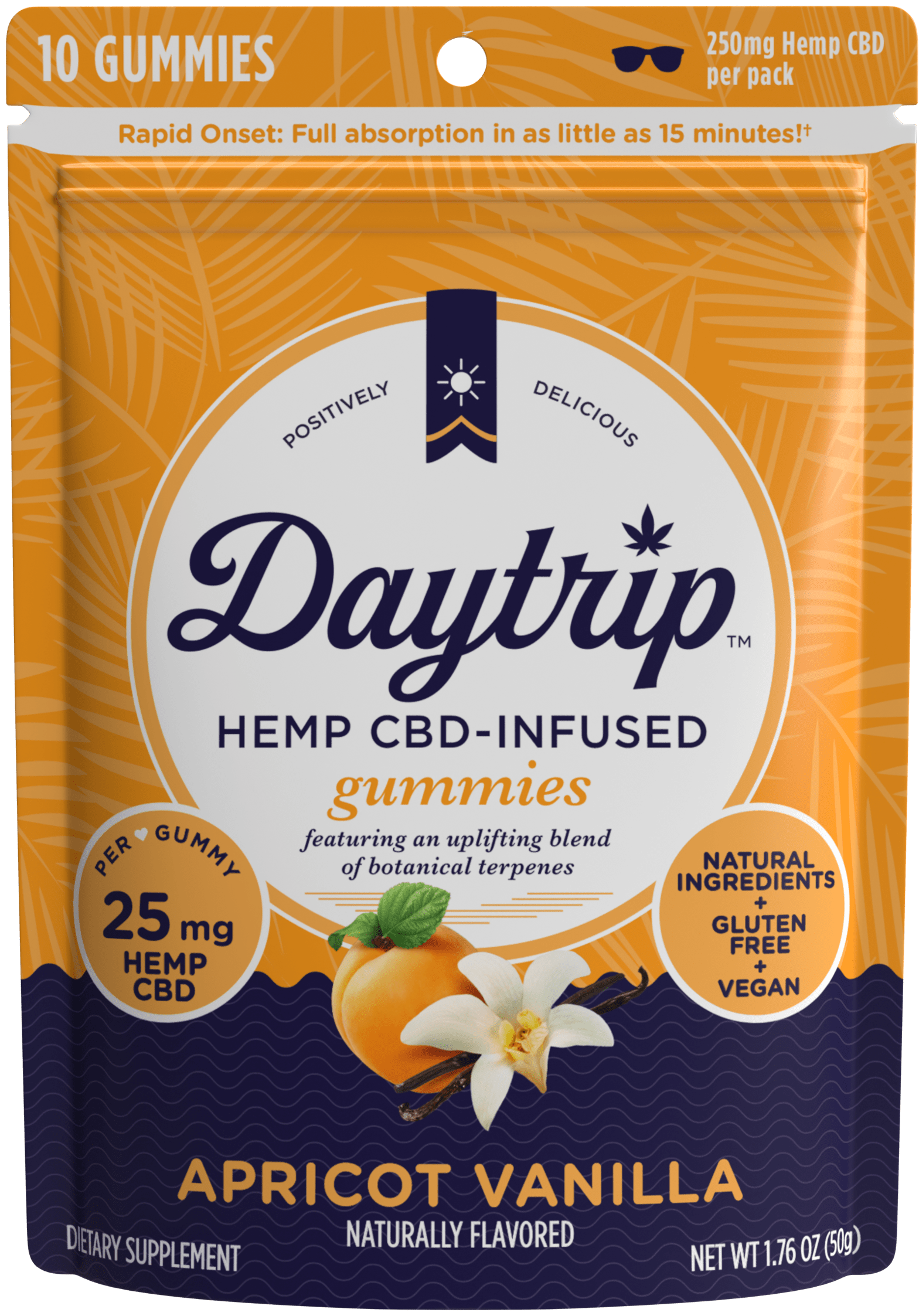 Package front render of Daytrip apricot vanilla CBD-infused gummies.