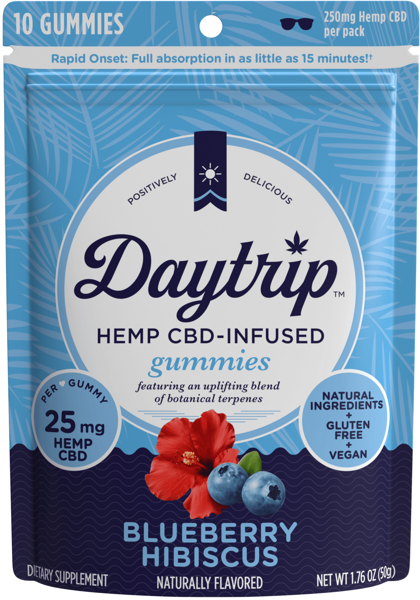 Packaging front render of Daytrip blueberry hibiscus CBD-infused gummies.