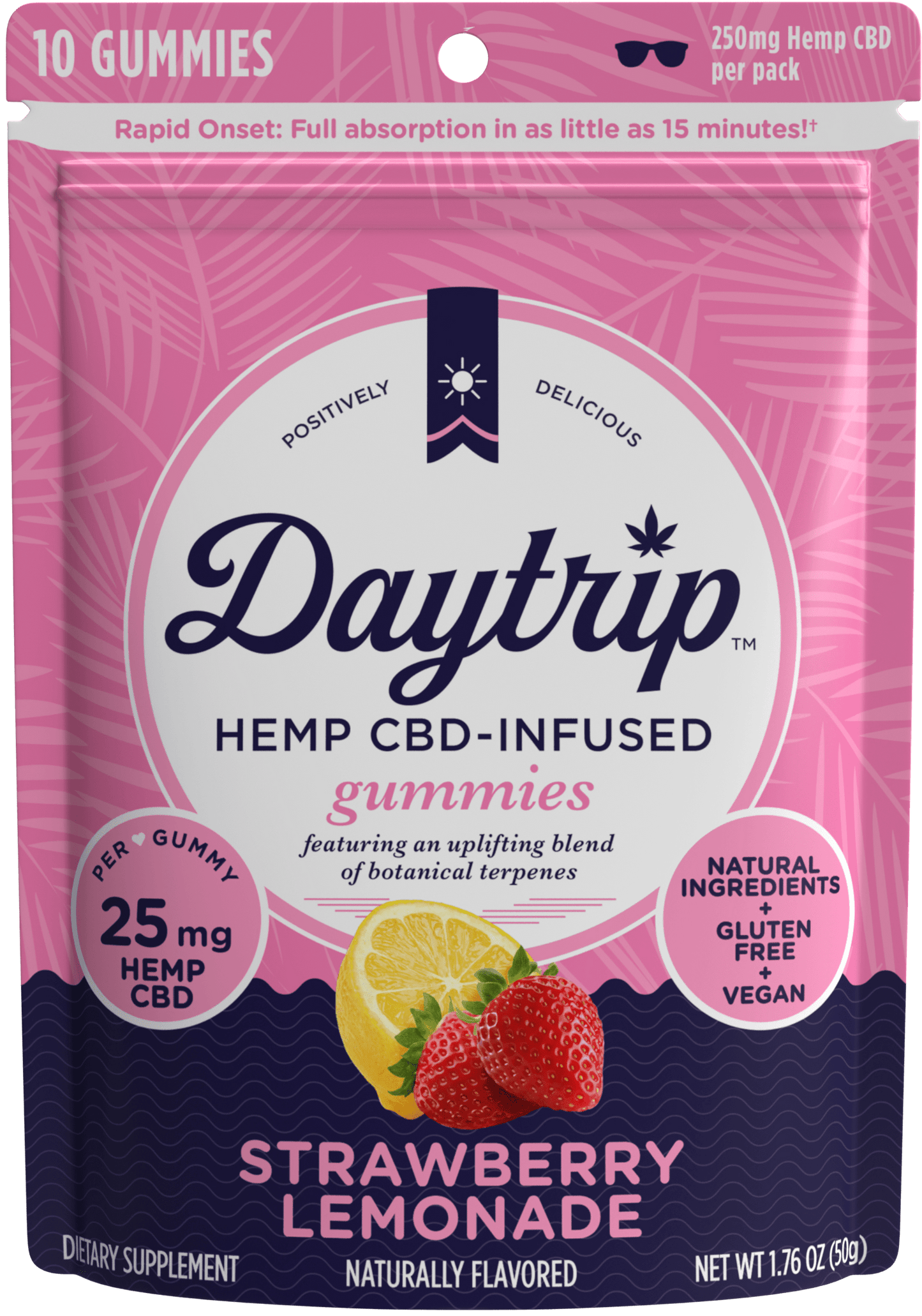 Packaging front render of Daytrip strawberry lemonade CBD-infused gummies