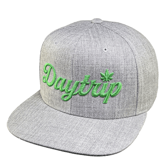 Daytrip Script Logo Snapback in heather grey with green 3D puff embroidery