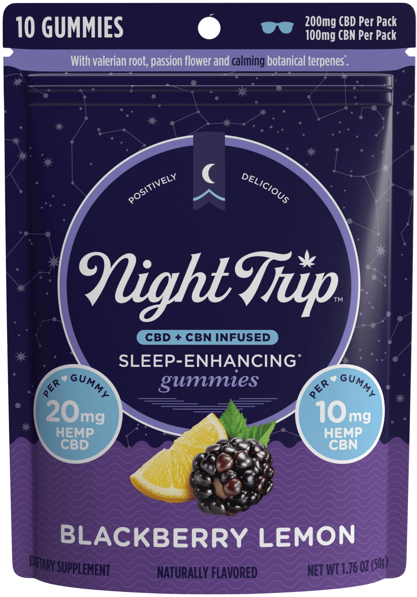 Packaging front render of Night Trip Blackberry lemon CBD + CBN-infused sleep enhancing gummies.