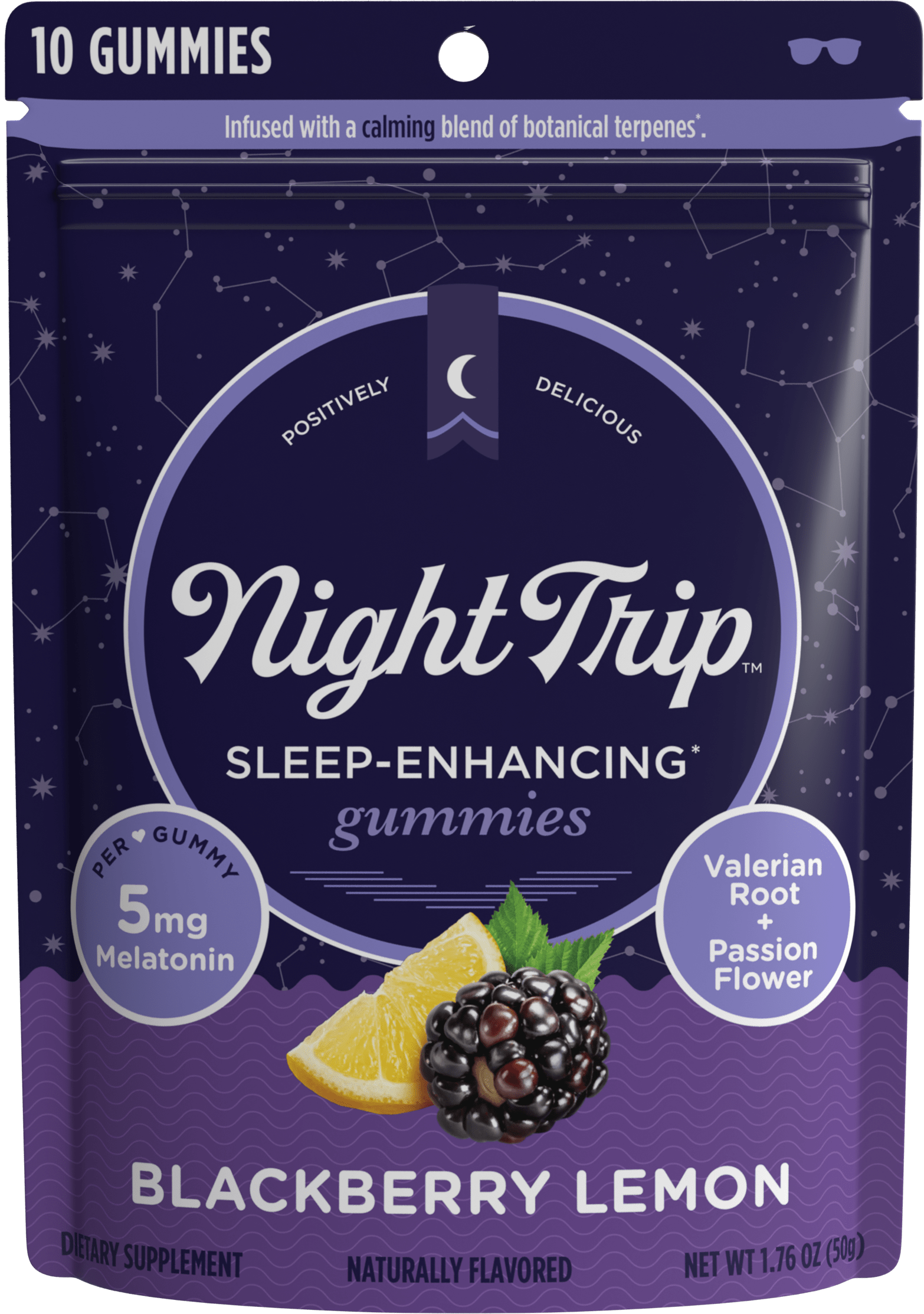 Front packaging render of Night Trip blackberry lemon melatonin-infused sleep enhancing gummies