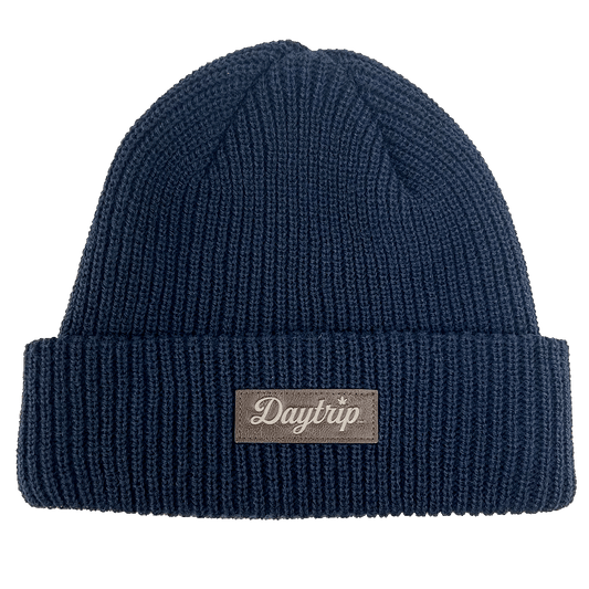 Daytrip branded super soft waffle knit beanie in navy blue with vegan leather daytrip logo patch