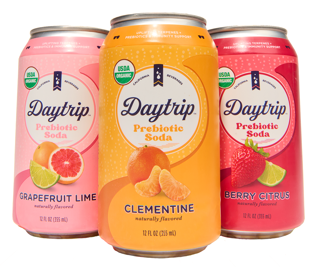 daytrip organic prebiotic soda berry citrus grapefruit lime and clementine can renders on white