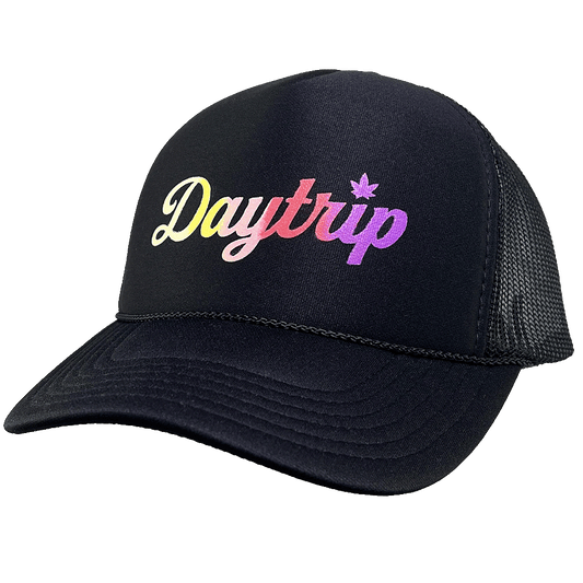 Daytrip Script Logo Trucker hat in black with Ombre Swirl Script Applique. Classic black foam front trucker.