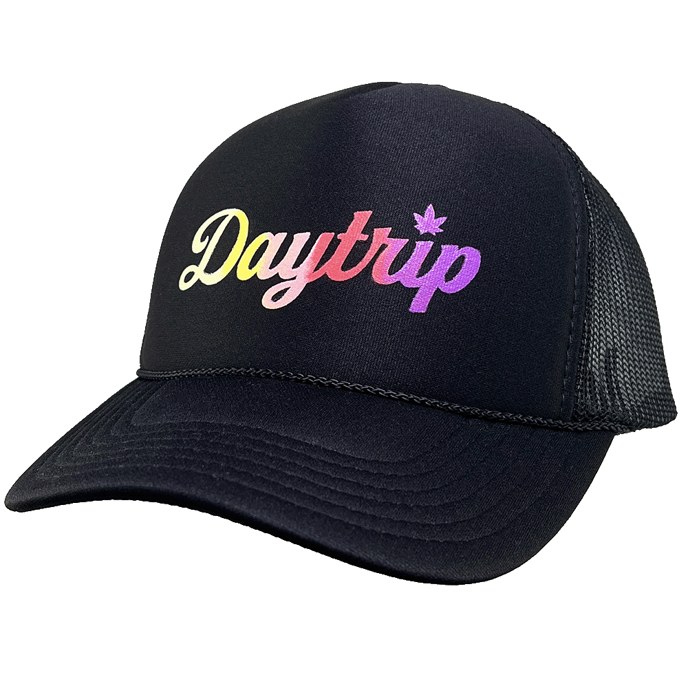 Daytrip Script Logo Trucker hat in black with Ombre Swirl Script Applique. Classic black foam front trucker.