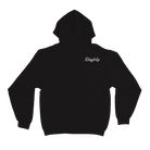 Daytrip Black Pullover Hoodie Back Image with Repeat Logo front and happier is healthier on sleeve. 80% cotton. Screenprinted.
