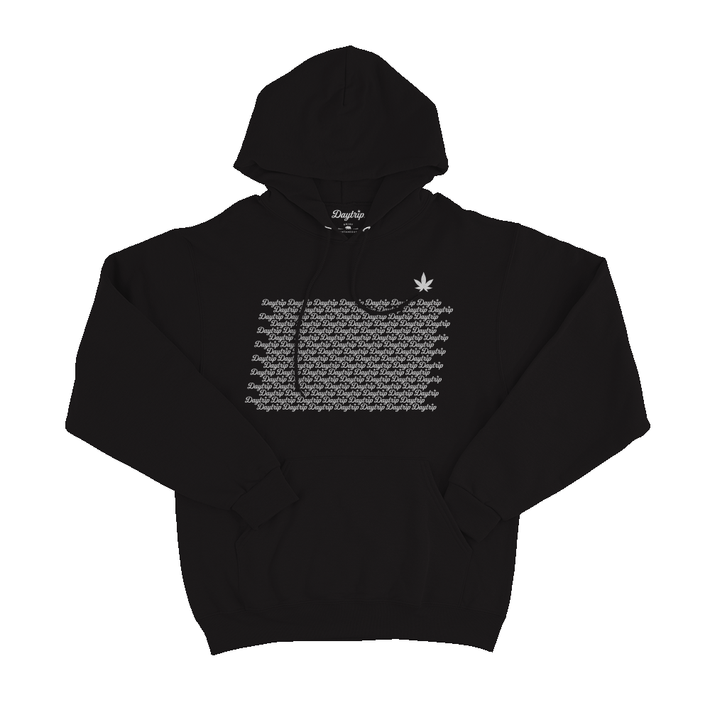 Daytrip Black Pullover Hoodie Front Image with Repeat Logo front and happier is healthier on sleeve. 80% cotton. Screenprinted. 