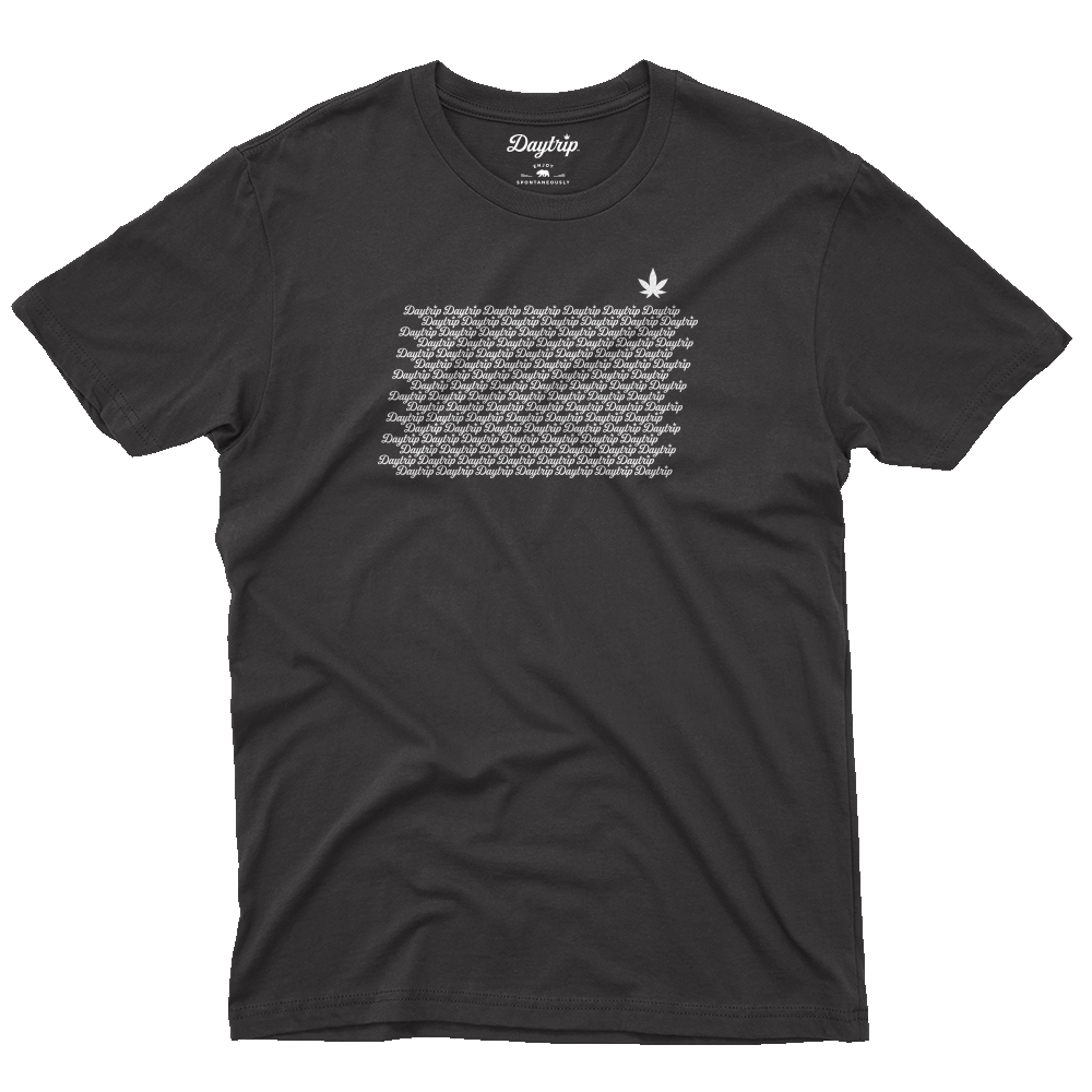 Daytrip Repeat Logo Heather Charcoal Tee Front with Repeat Logo screenprint on front CBD merch hemp
