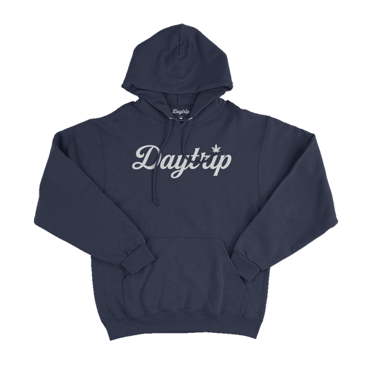 Daytrip Script Logo Heather Navy Blue Pullover Hooded Sweatshirt with screenprint front image