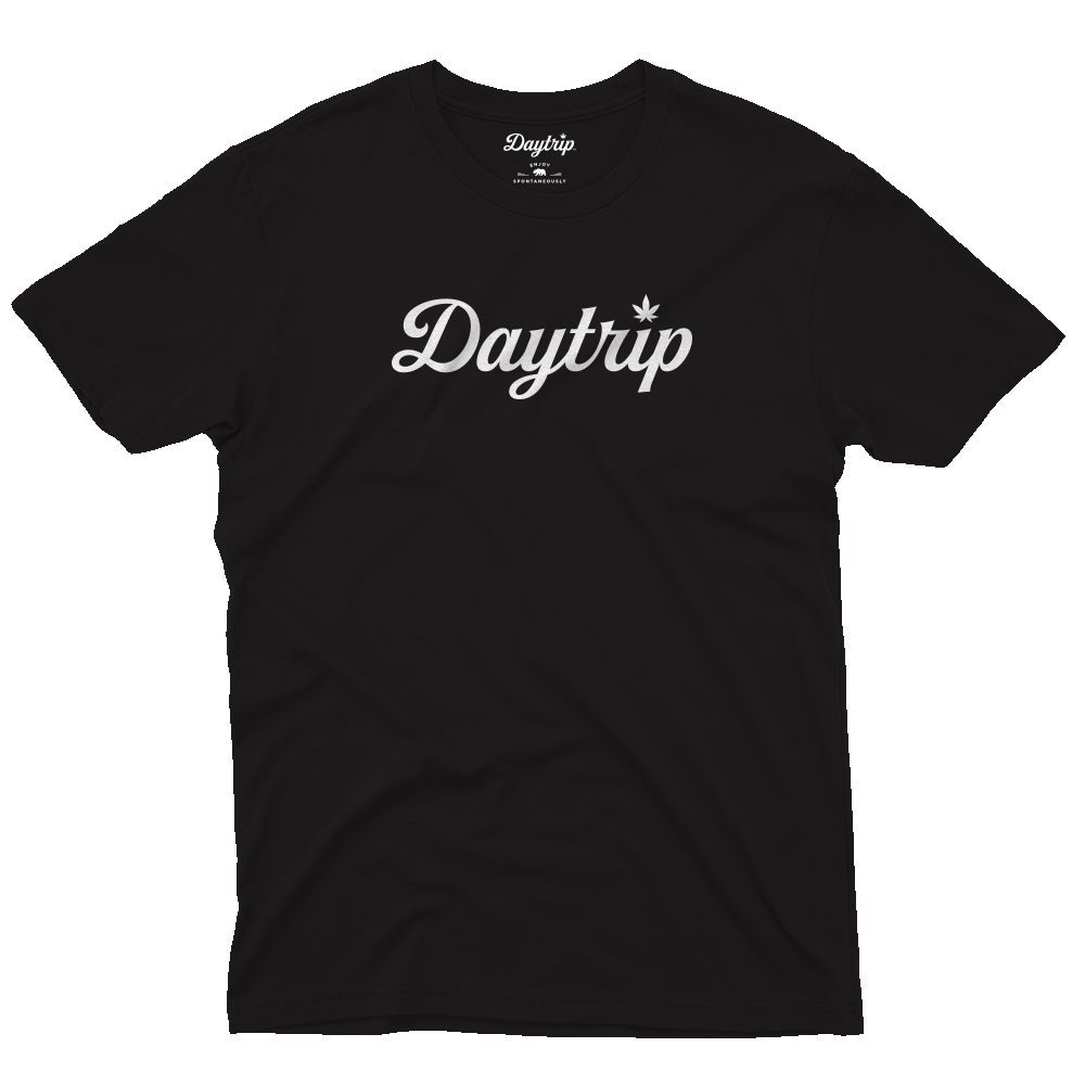 Daytrip Script Logo Tee Front in Black with White Screenprint