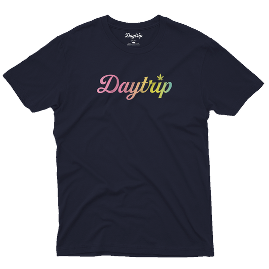 Daytrip Script Logo Tee in Navy with Swirl Ombre screenprint front