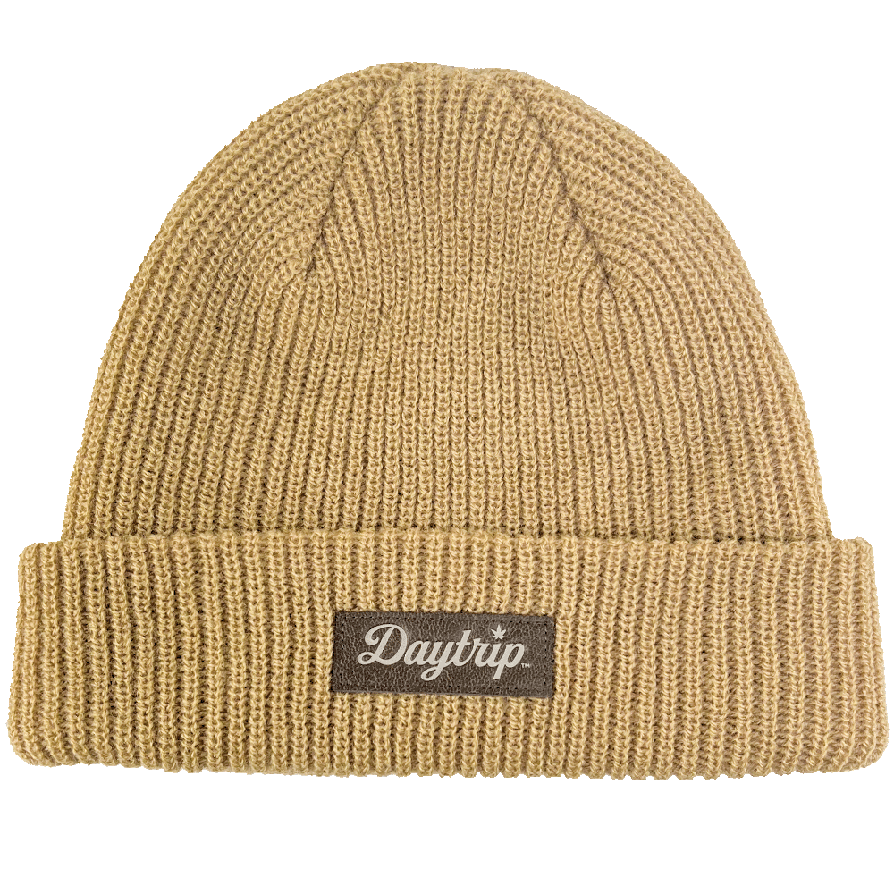 Daytrip branded super soft waffle knit beanie in khaki with vegan leather daytrip logo patch
