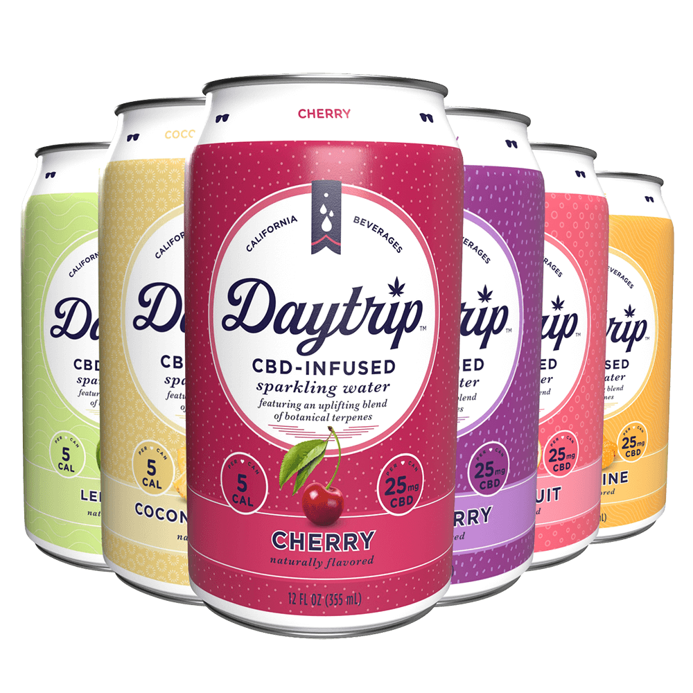 Can render showing all six flavors of Daytrip CBD Sparkling Water fanned together on a white background