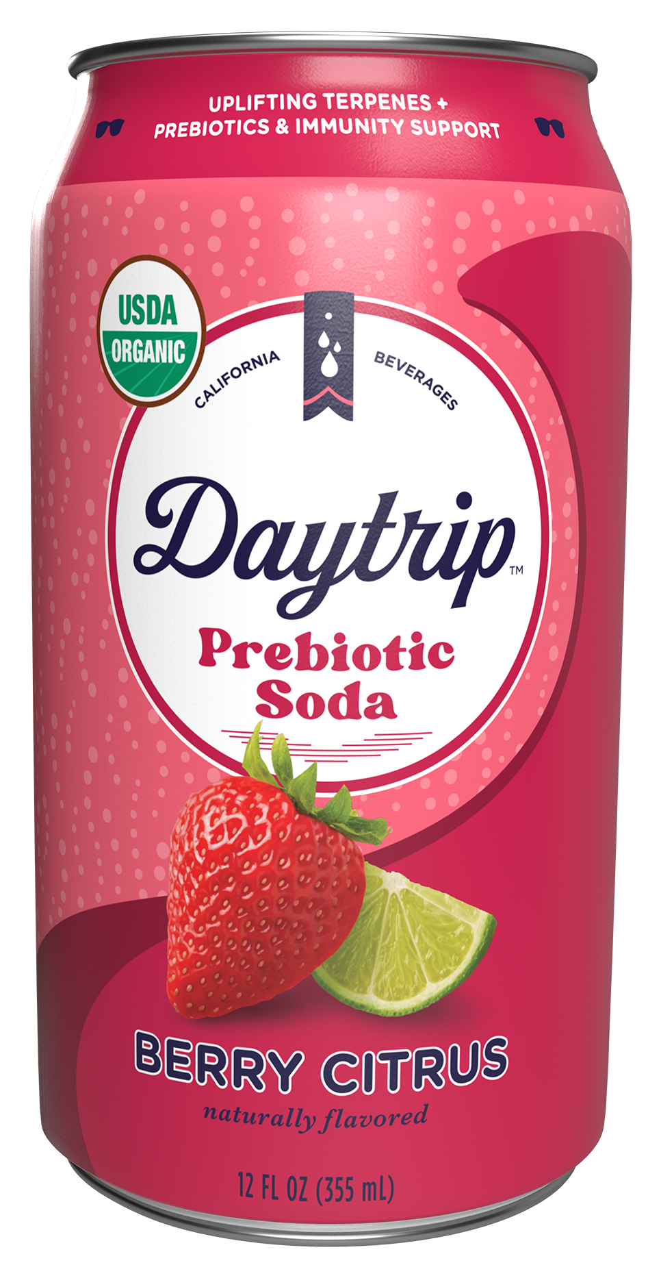 Can render of Daytrip berry citrus prebiotic soda on a white background.