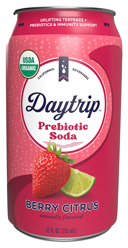 Front can render of Daytrip berry citrus prebiotic soda.