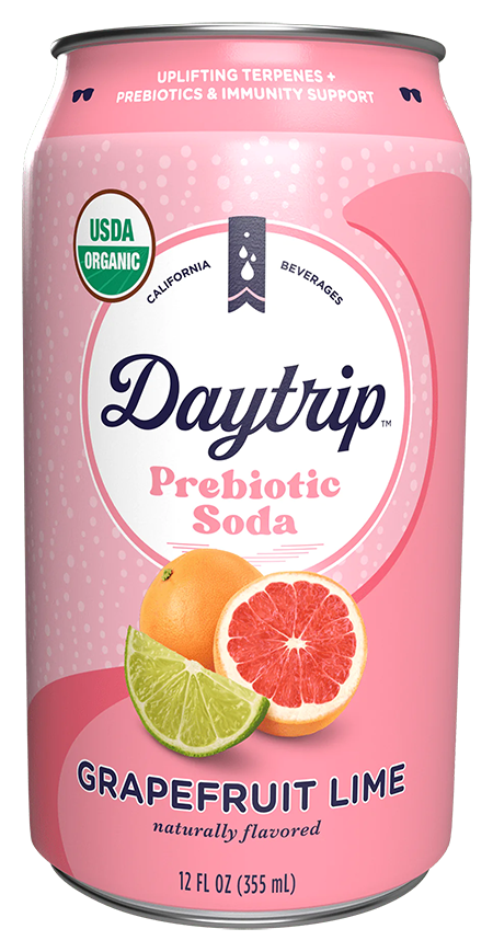 Front can render of Daytrip grapefruit lime prebiotic soda on a white background.