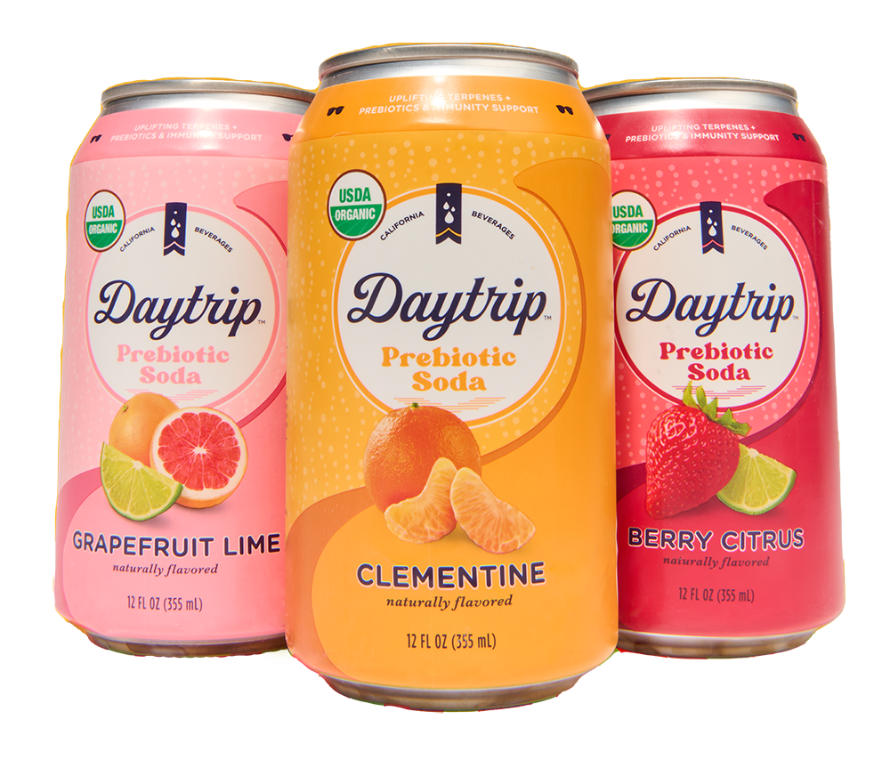 daytrip organic prebiotic soda berry citrus grapefruit lime and clementine can renders on white